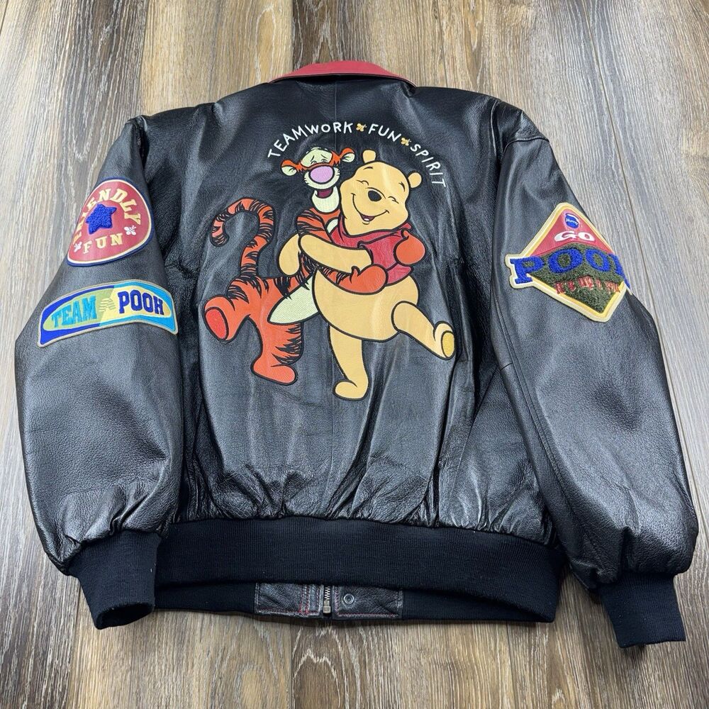 Vintage Winnie The Pooh Leather Jacket Mens XL Black Tigger Disney Cartoon NICE!